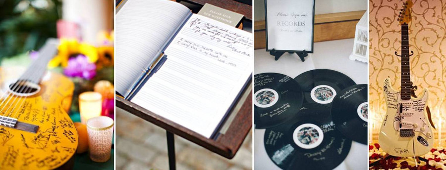 Виниловые пластинки, музыкальные инструменты или тетрадь для нот вместо обычной свадебной гостевой книги 