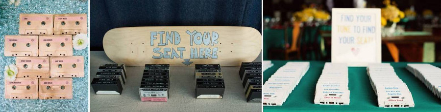 карточки для рассадки гостей - имена написаны на кассетах